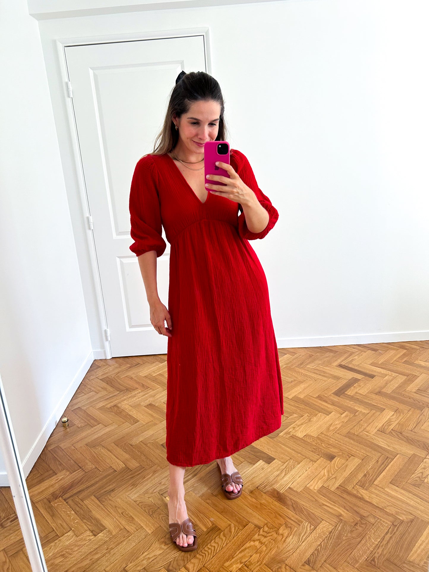Red Midi Cotton Gauze Dress