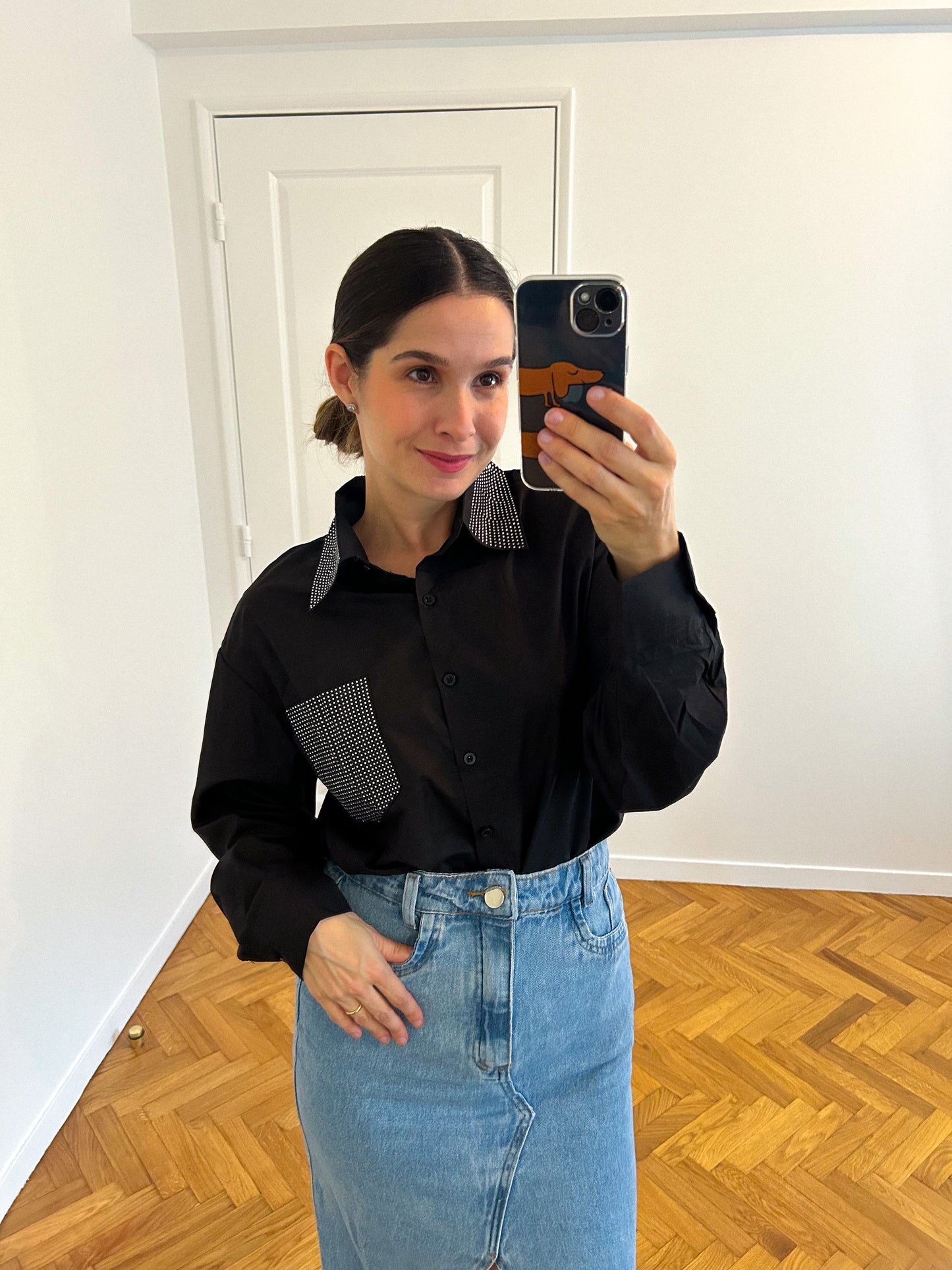Chemise Tricoline Noire avec Applications