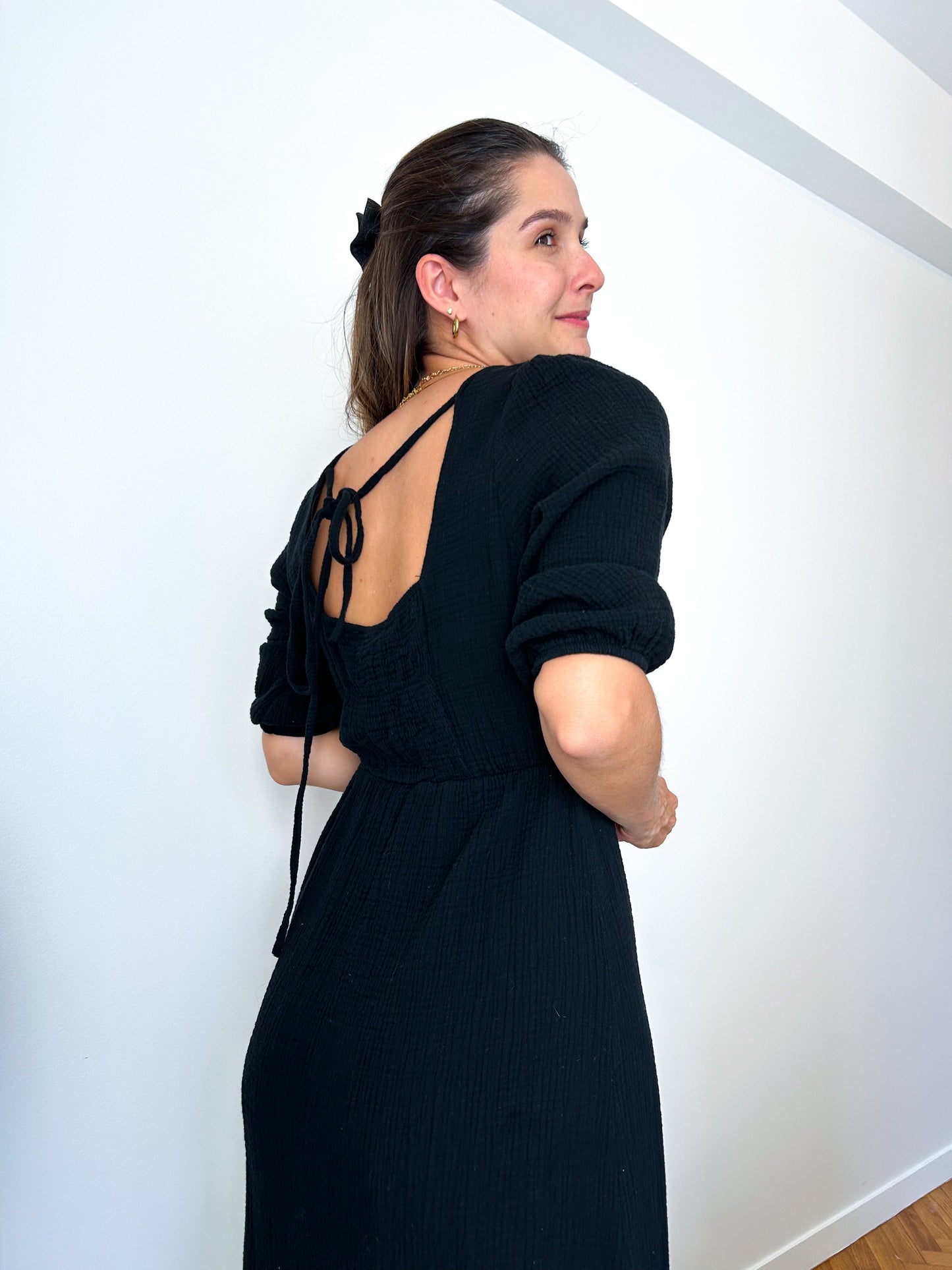 Black Midi Cotton Gauze Dress
