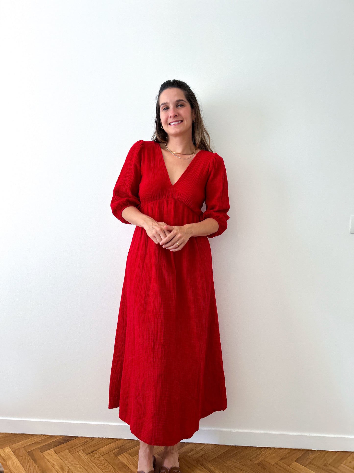 Red Midi Cotton Gauze Dress