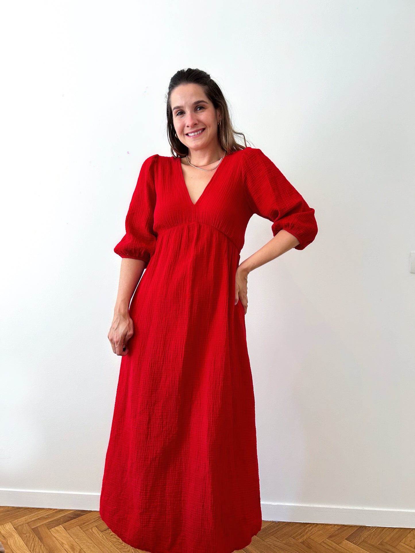 Red Midi Cotton Gauze Dress