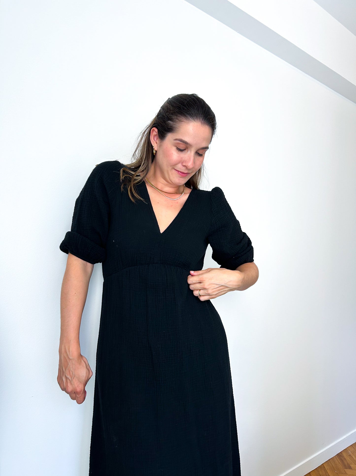 Black Midi Cotton Gauze Dress
