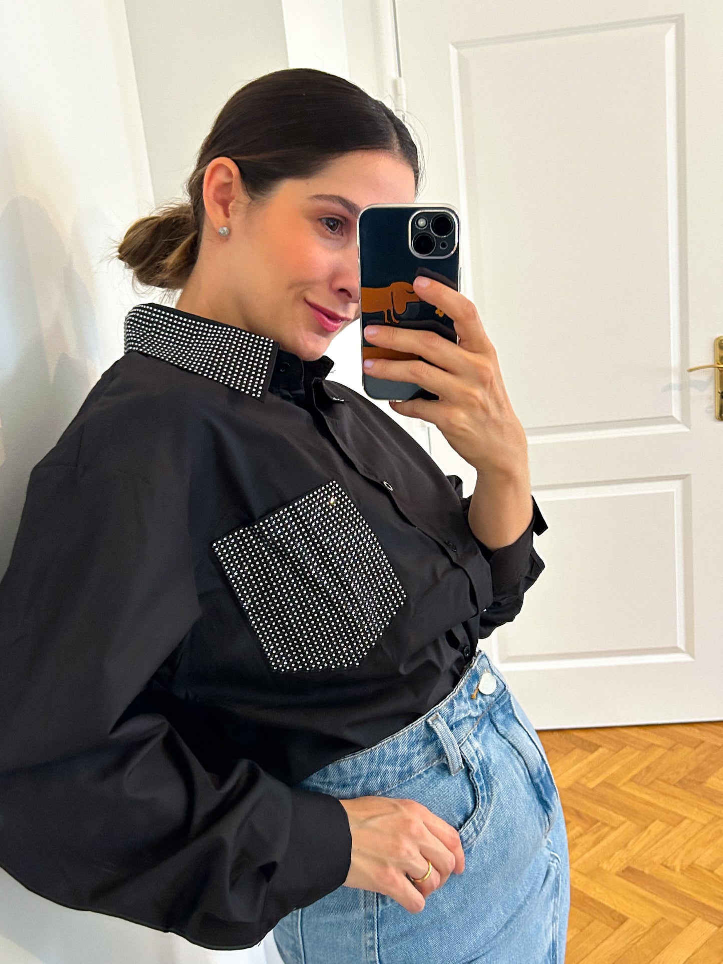 Chemise Tricoline Noire avec Applications