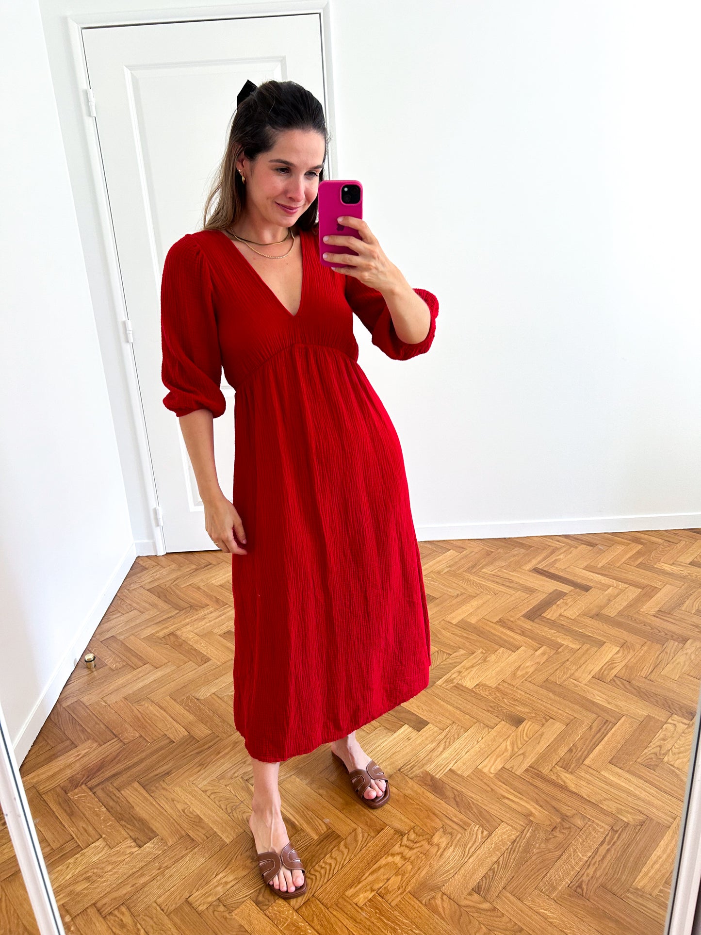 Red Midi Cotton Gauze Dress