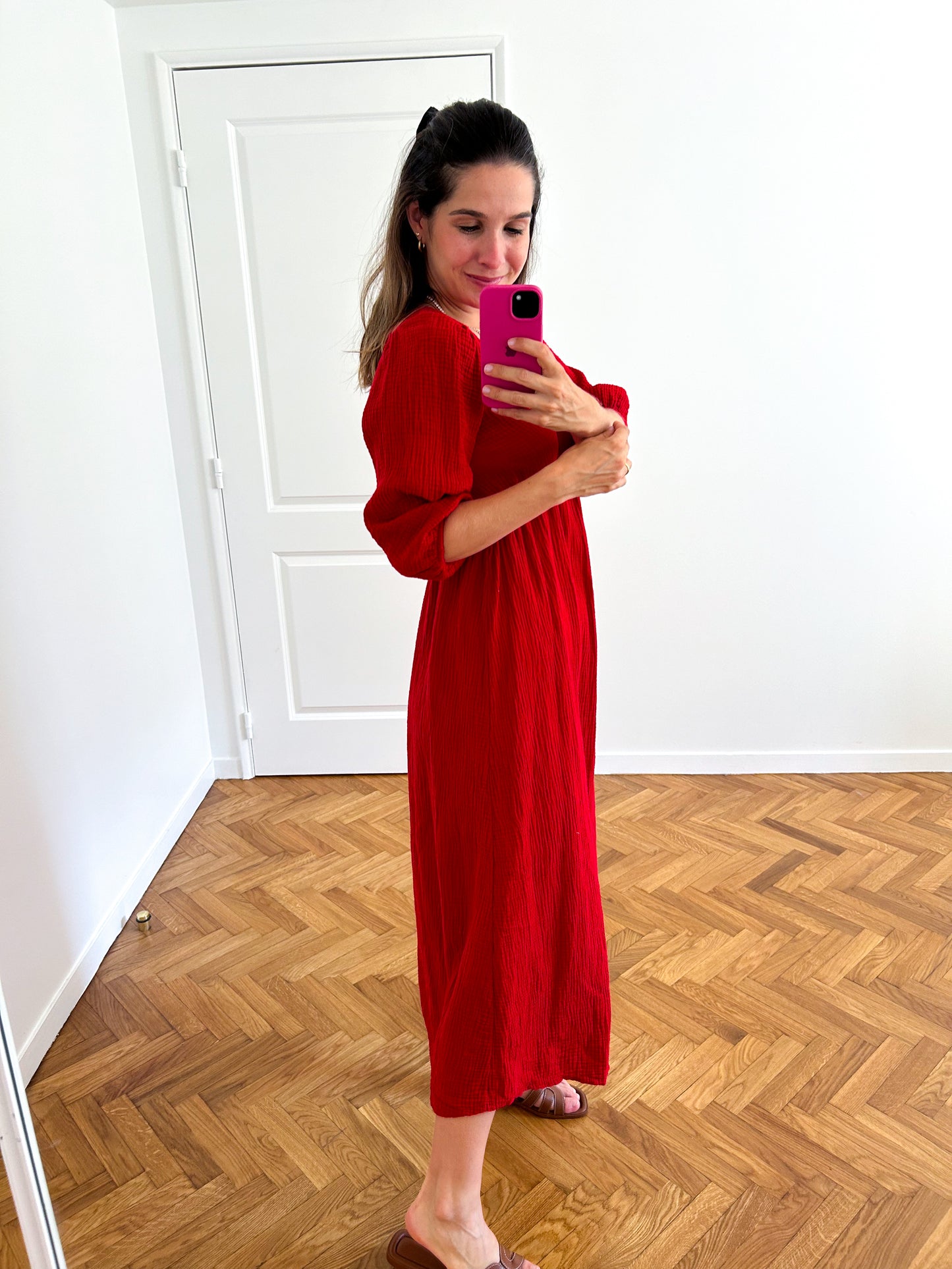 Red Midi Cotton Gauze Dress
