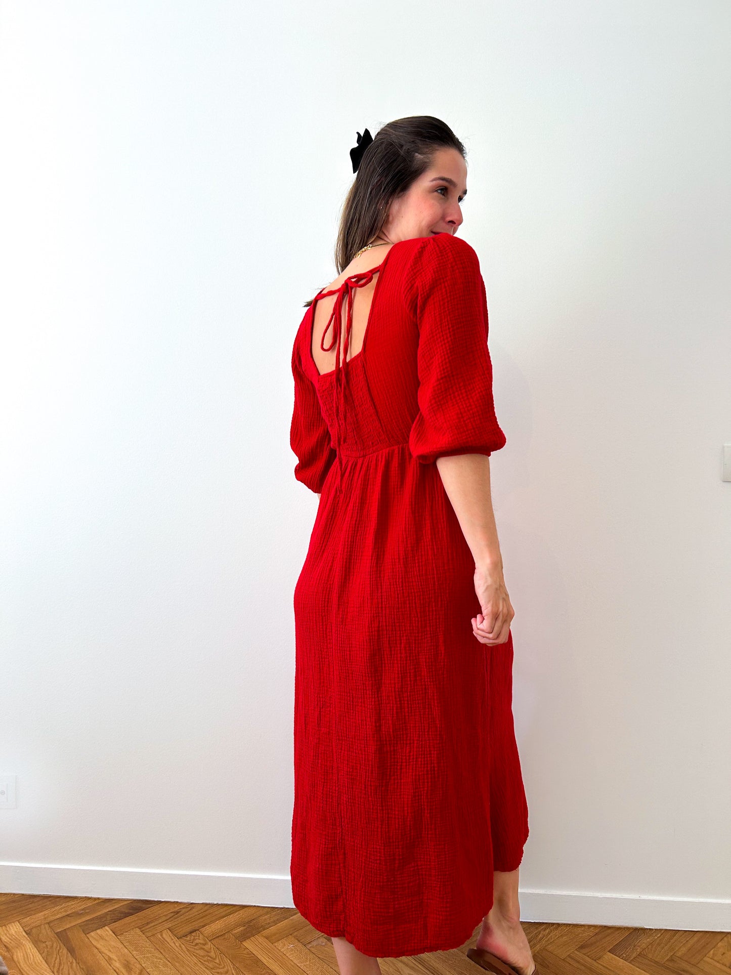 Red Midi Cotton Gauze Dress