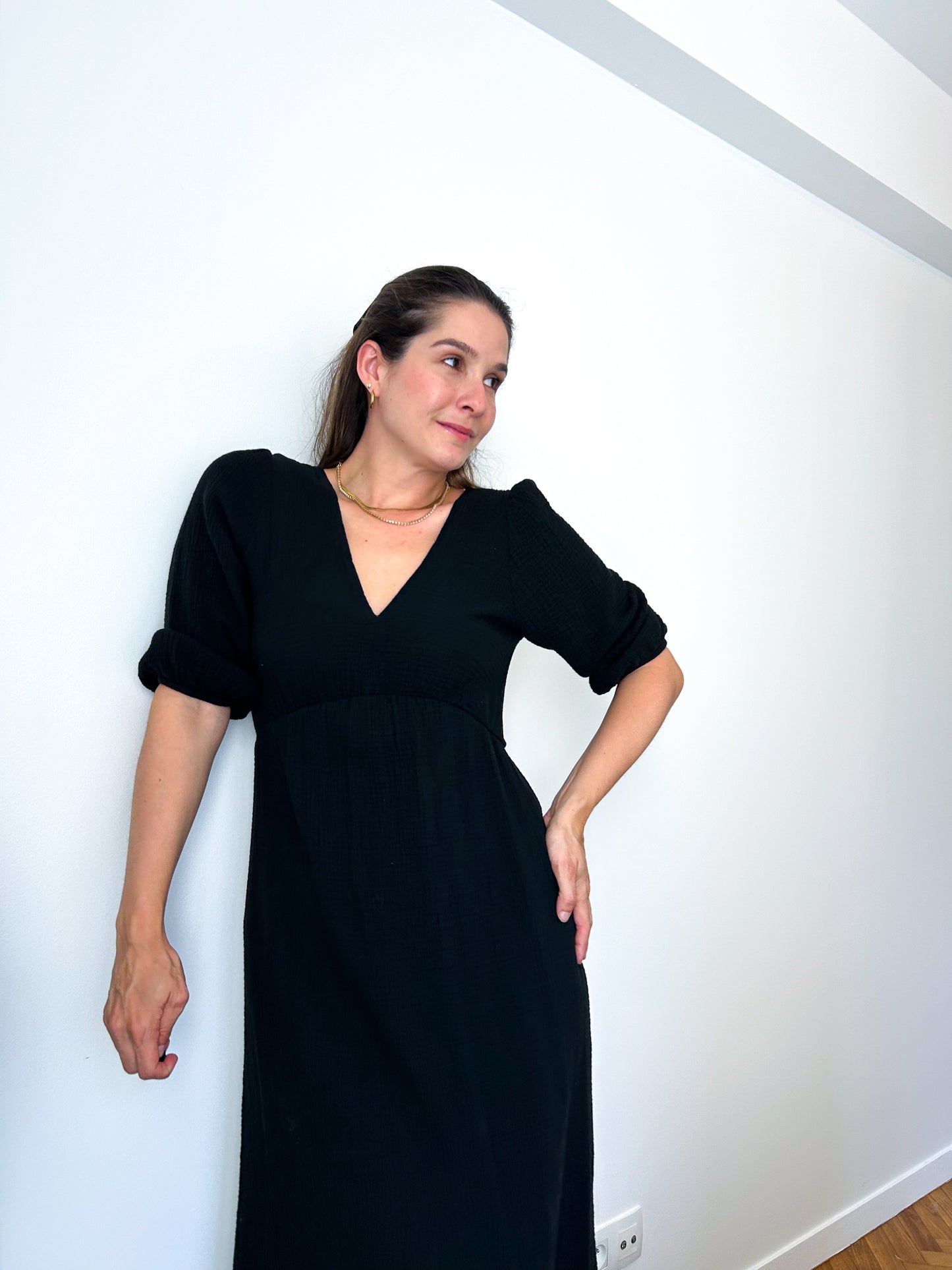 Black Midi Cotton Gauze Dress