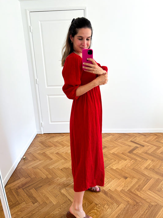 Red Midi Cotton Gauze Dress