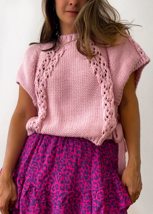 Sleeveless Side Tie Sweater with Pink Bow 